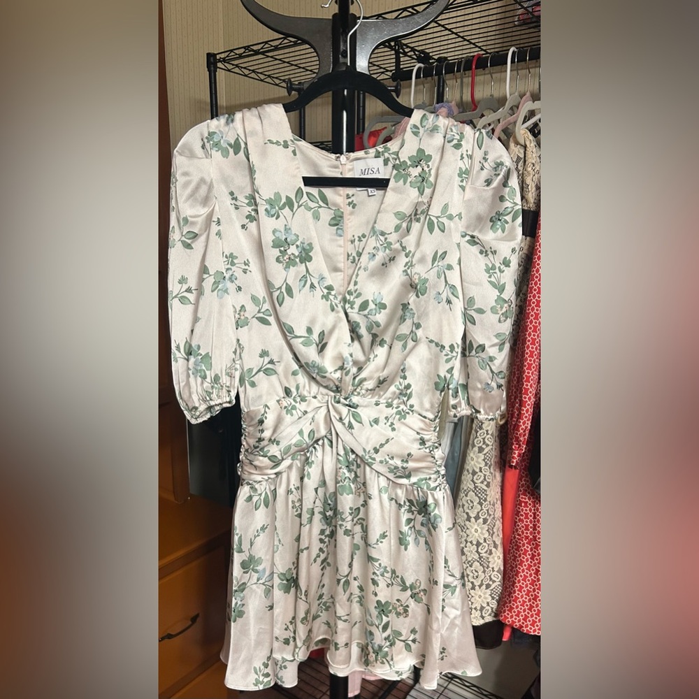 MISA Los Angeles Floral Twist Front Mini Dress XS Puff Sleeve Ruched Waist - Picture 5 of 10